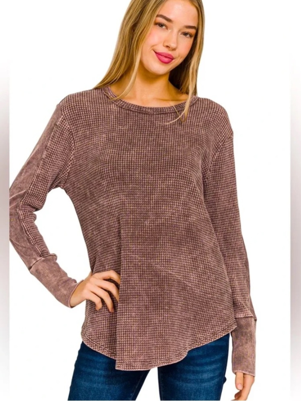 ZENANA washed baby waffle long sleeve shirt